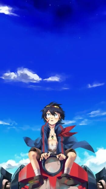 A young character from Tengen Toppa Gurren Lagann sitting on a red mech under a vibrant blue sky with clouds, 2K Mobile Wallpaper
