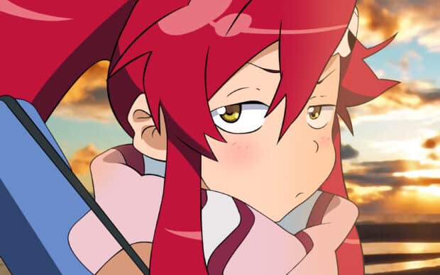A close up of a character with red hair in Tengen Toppa Gurren Lagann looking over her shoulder, 2K Desktop Wallpaper