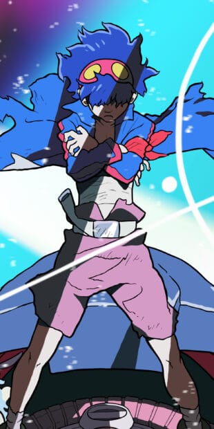 A determined character from Tengen Toppa Gurren Lagann stands with arms crossed under a blue sky, 2K Mobile Wallpaper
