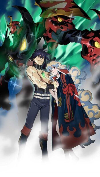 The image shows key characters from Tengen Toppa Gurren Lagann with a powerful mech behind, Tengen Toppa Gurren Lagann, HD Mobile Wallpaper