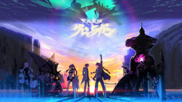 The Tengen Toppa Gurren Lagann characters stand united with a sunset sky behind them, 2K Desktop Wallpaper