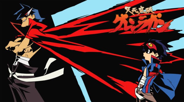 The image shows Tengen Toppa Gurren Lagann characters with dramatic red and black designs, HD Desktop Wallpaper