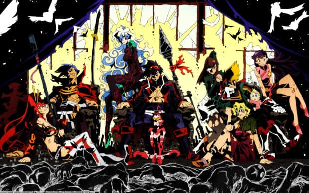 The main characters of Tengen Toppa Gurren Lagann sit and pose in front of a bright background, 2K Desktop Wallpaper