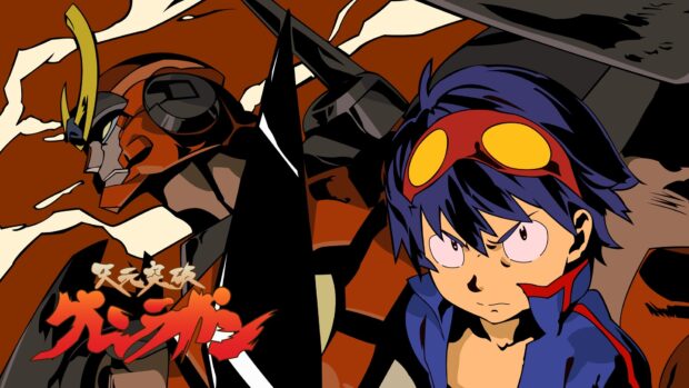 A fierce battle scene from Tengen Toppa Gurren Lagann features the protagonist and giant robot, HD Desktop Wallpaper