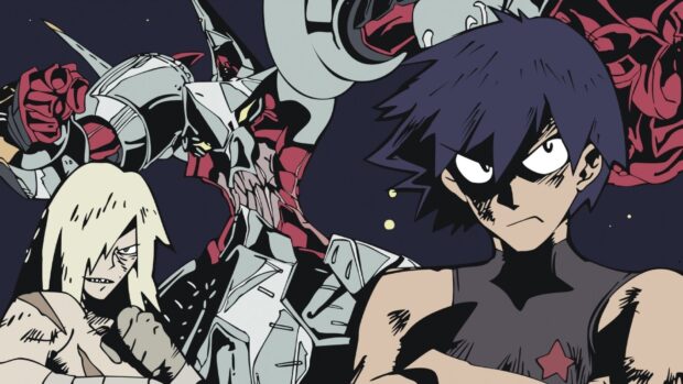 The image shows key Tengen Toppa Gurren Lagann characters ready for battle, HD Desktop Wallpaper