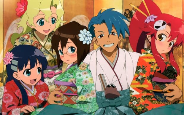 Five Tengen Toppa Gurren Lagann characters wearing colorful kimonos in a warm setting, HD Desktop Wallpaper