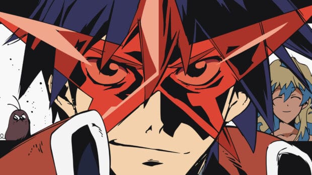 A close up of a character's face wearing a red mask from Tengen Toppa Gurren Lagann anime, HD Desktop Wallpaper