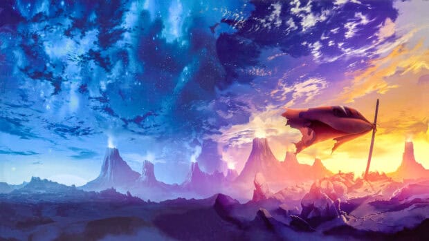 A cosmic landscape with towering volcanoes and a tattered flag in vibrant colors, 4K Desktop Wallpaper