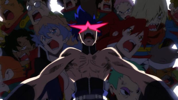 A muscular character with glowing star shaped eyes shouts fiercely among a crowd, 4K Desktop Wallpaper