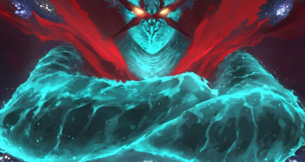 A glowing giant robot from Tengen Toppa Gurren Lagann with a red cape, 2K Desktop Wallpaper