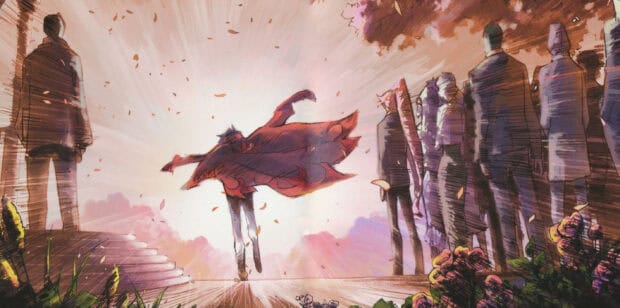 A character stands heroically in a red cape facing a crowd at sunset, 2K Desktop Wallpaper