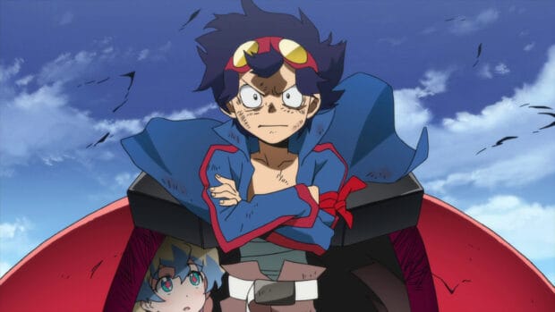 The main characters from Tengen Toppa Gurren Lagann stand determined under a blue sky, HD Desktop Wallpaper