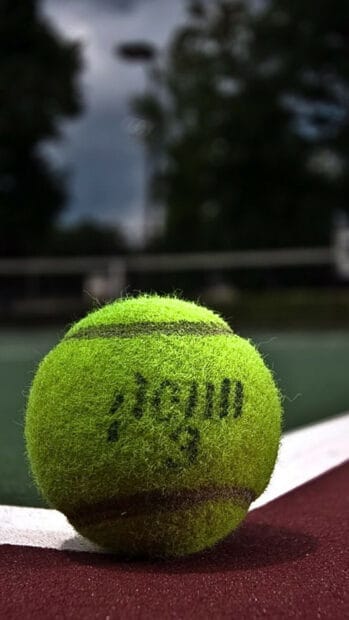 A bright tennis ball rests on a red and white tennis court line with blurred trees in the background, HD Phone Wallpaper