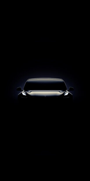 A sleek Tesla Model 3 is shown from the front with glowing outlines on a dark background, 4K Phone Wallpaper