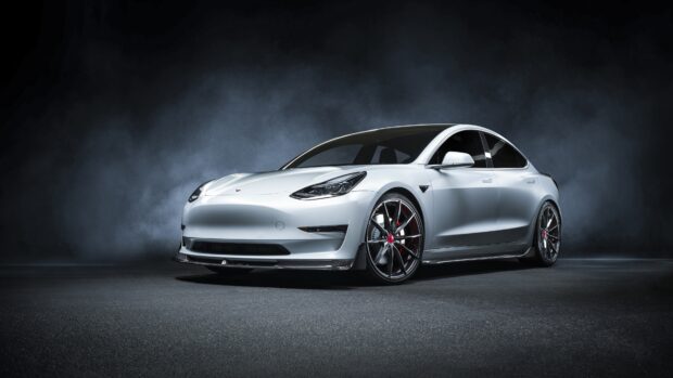 A white Tesla Model 3 stands out with modern features in a smoky environment, 4K Desktop Wallpaper