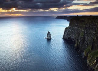 The Aran Islands show dramatic cliffs and calm ocean under a cloudy sky, 4K Desktop Wallpaper