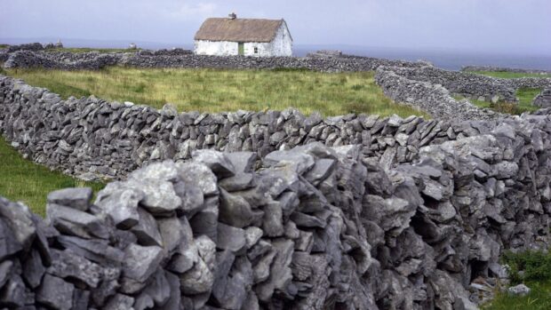 Traditional stone walls surround a grassy field with a white cottage on the Aran Islands, HD Desktop Wallpaper