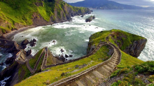 The Azores offer winding coastal stairs with lush green cliffs and ocean views, HD Desktop Wallpaper