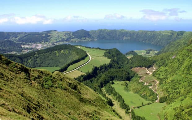 The Azores feature lush green hills and a crater lake under a bright sky, HD Desktop Wallpaper