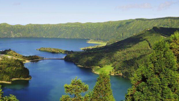 The Azores displays a scenic lake surrounded by lush green hills and forests, HD Desktop Wallpaper
