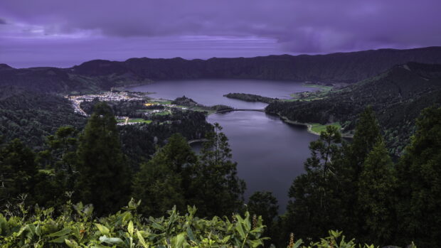 The Azores Wallpapers showcase a stunning volcanic lake surrounded by lush forests and hills, HD Desktop Wallpaper