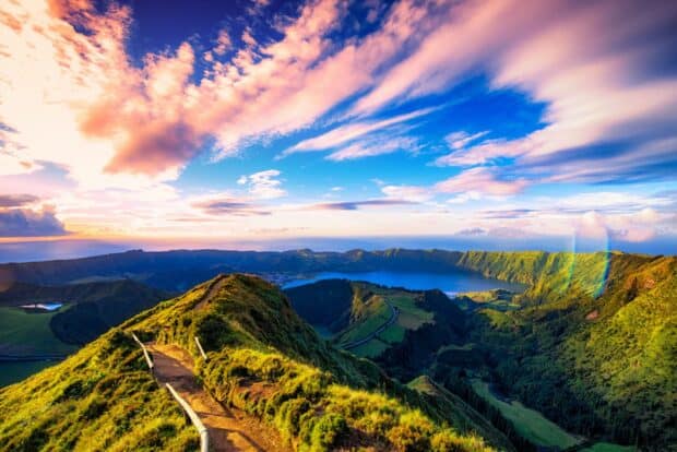 A breathtaking view of the Azores with mountains and vibrant sky at sunset, HD Desktop Wallpaper