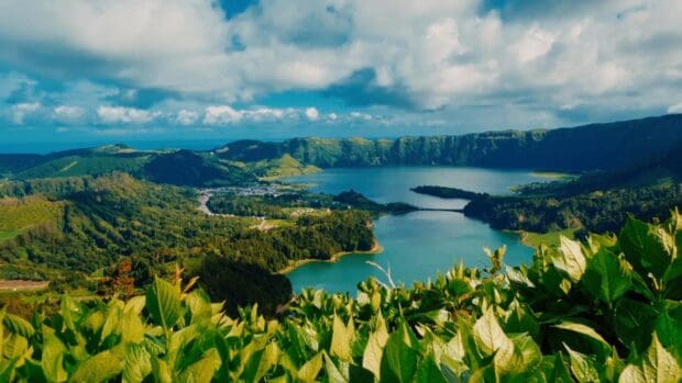 The Azores showcases lush green hills and volcanic lake under cloudy skies, HD Desktop Wallpaper