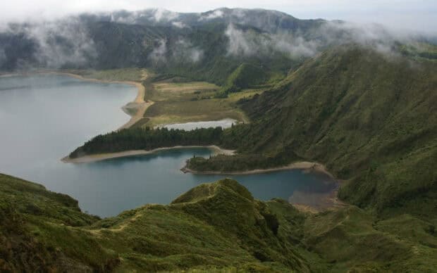 The Azores features lush green hills and a calm volcanic lake surrounded by mist, HD Desktop Wallpaper