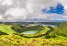 The Azores volcanic crater lakes surrounded by lush green hills under a cloudy sky, HD Desktop Wallpaper