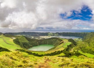 The Azores volcanic crater lakes surrounded by lush green hills under a cloudy sky, HD Desktop Wallpaper