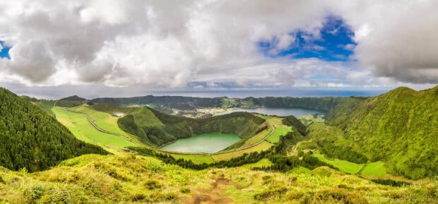 The Azores volcanic crater lakes surrounded by lush green hills under a cloudy sky, HD Desktop Wallpaper
