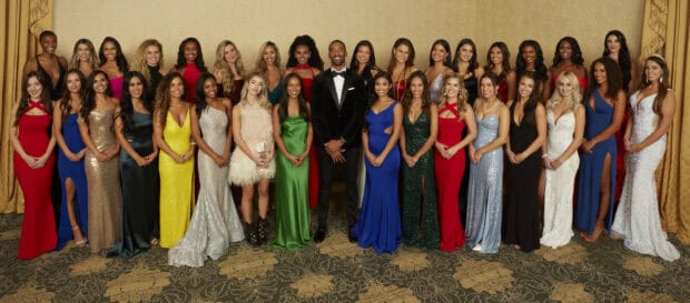 The Bachelor Tv Series cast posing in elegant dresses and tuxedo, 2K Desktop Wallpaper