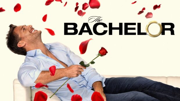 A man in a blue shirt lies on a couch holding a red rose with petals falling around, HD Desktop Wallpaper