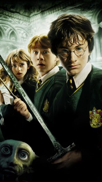 The Chamber Of Secrets characters hold a sword with a creature nearby in a magical setting, 2K Phone Wallpaper