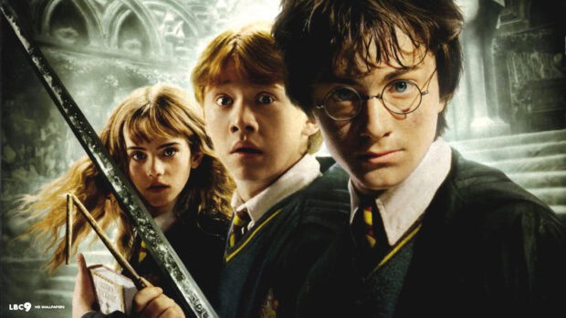 Harry, Ron, and Hermione stand ready with a sword and wand, HD Desktop Wallpaper