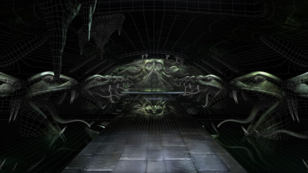 The Chamber of Secrets depicts a dark tunnel guarded by giant serpent statues, HD Desktop Wallpaper