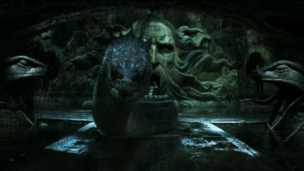 A giant serpent in The Chamber Of Secrets walls with a carved face, HD Desktop Wallpaper