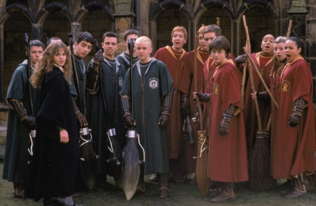 A group of students from different houses prepare for a Quidditch match in The Chamber Of Secrets, HD Desktop Wallpaper