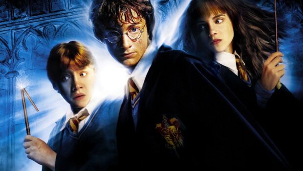 Harry, Ron, and Hermione wield magic wands in a tense moment from The Chamber Of Secrets wallpapers, HD Desktop Wallpaper