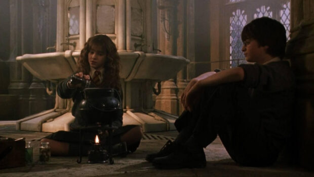 Hermione is brewing a potion while Harry watches in the chamber, HD Desktop Wallpaper