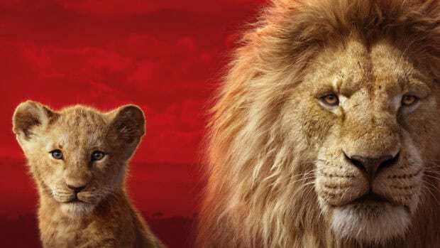 A lion and cub from The Lion King look towards the camera with a red sky background, 4K Desktop Wallpaper