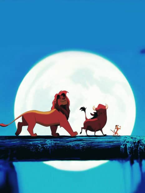 A proud lion, a warthog, and a meerkat walk on a log with a large full moon behind them, HD Phone Wallpaper