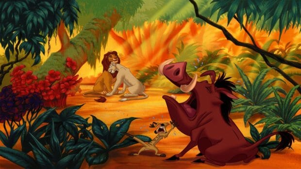 The Lion King Wallpapers showing main characters relaxing in a vibrant jungle setting, HD Desktop Wallpaper