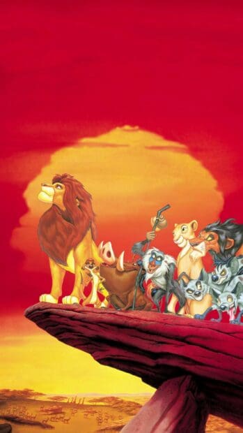 Simba and friends gather on Pride Rock at sunset, 2K Mobile Wallpaper