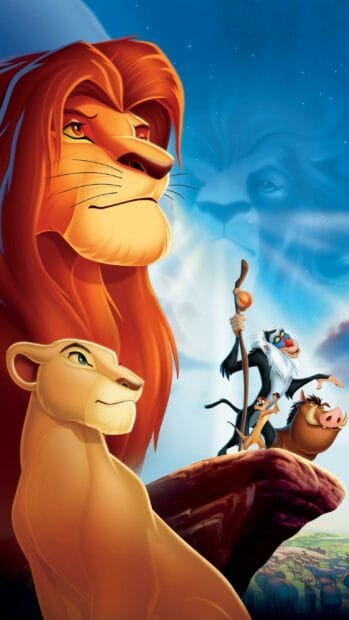 The Lion King Wallpapers featuring the main characters standing on Pride Rock with a sky reflection, 2K Mobile Wallpaper
