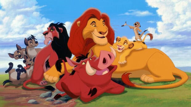 The Lion King characters are happily gathered on the grass under a blue sky, 4K Desktop Wallpaper