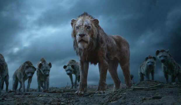 A fierce lion stands with hyenas under a stormy sky in The Lion King, 2K Desktop Wallpaper