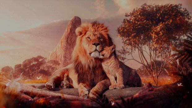 A lion and its cub resting together in a scenic natural setting, 2K Desktop Wallpaper