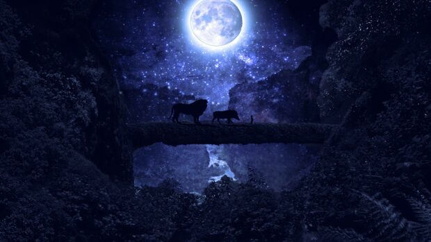 The Lion King features silhouettes of characters crossing a glowing log at night, 4K Desktop Wallpaper