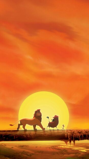 The Lion King characters walk across a log with a bright sun in the background, HD Phone Wallpaper
